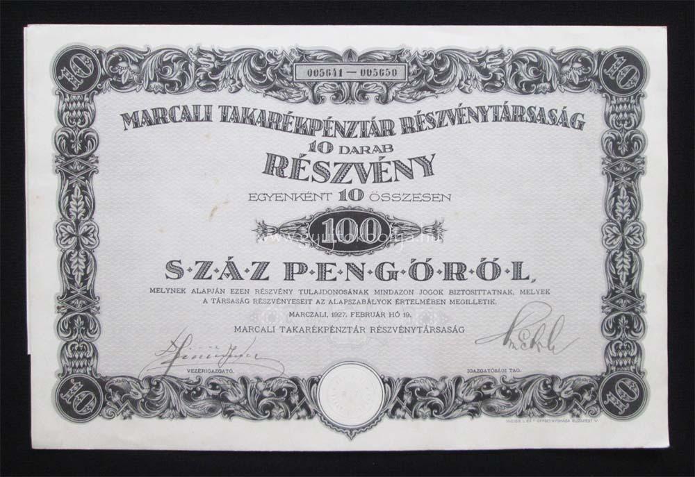 Marcali Takarkpnztr rszvny 100 peng 1927